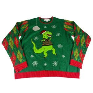 Jolly Dino Snowflakes Argyle Ugly Christmas Sweater Unisex XL Green Red Acrylic